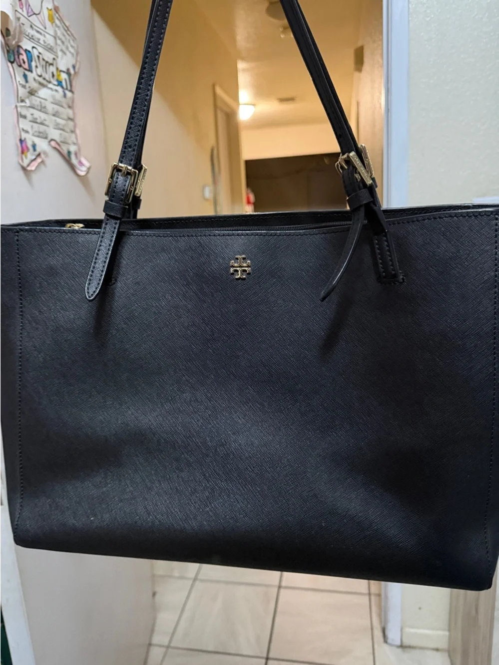 Tory Burch Black Saffiano Leather Shoulder Tote with Gold Logo